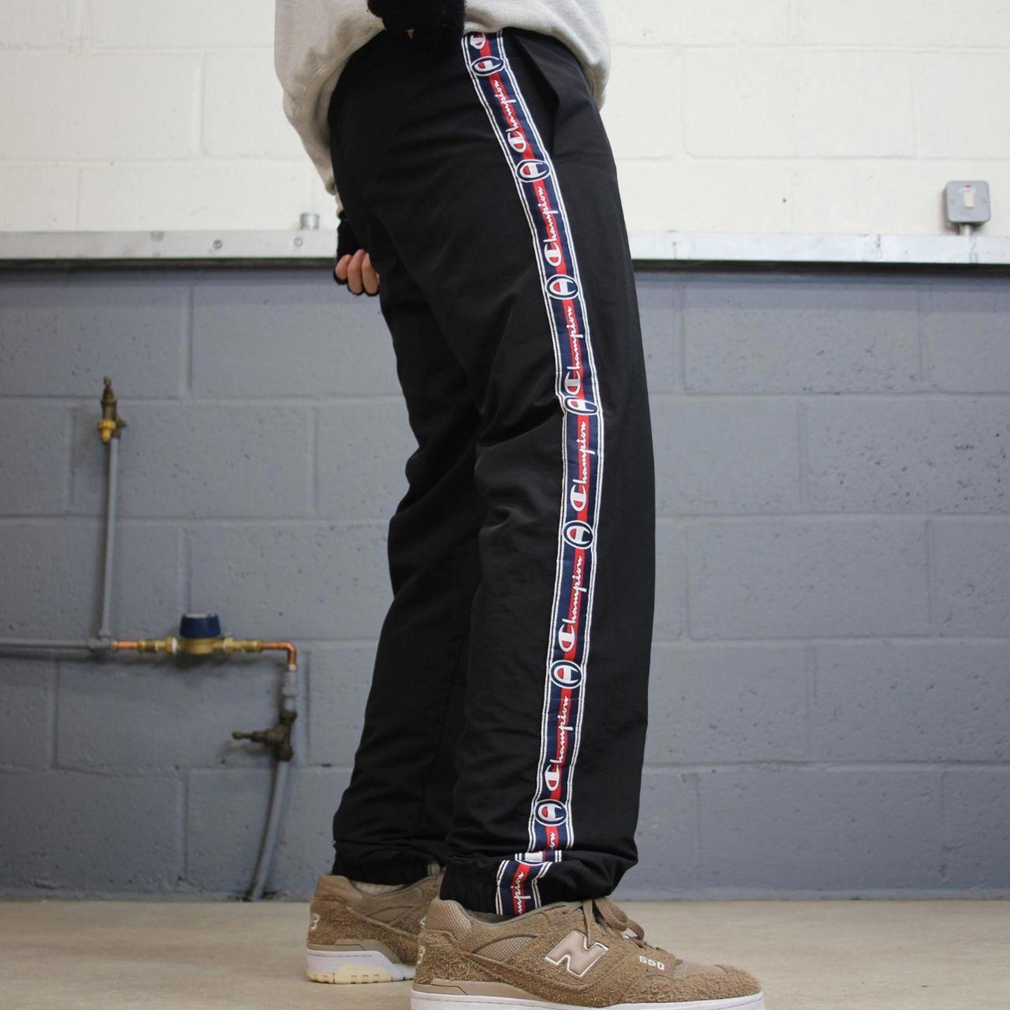 Vintage Champion tracksuit bottoms y2k style black joggers embroidered side stripe track pants
