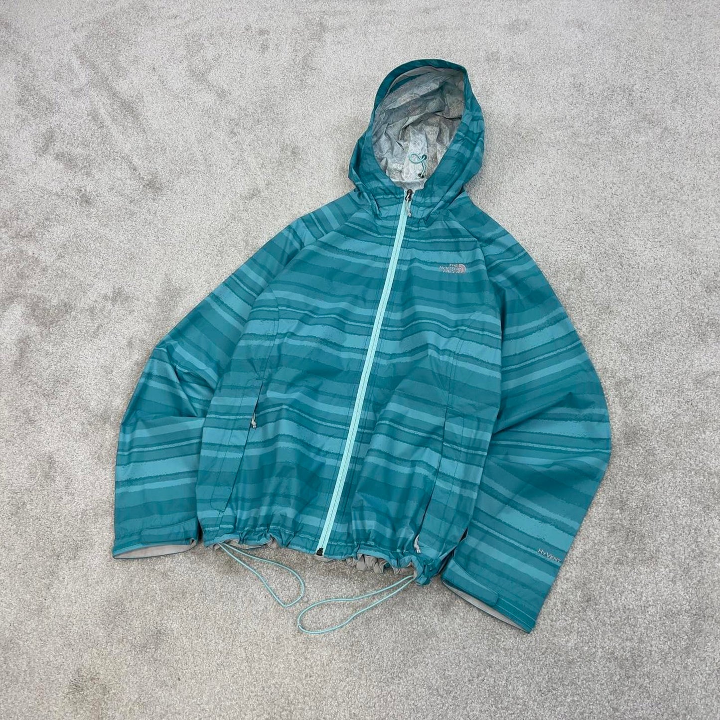 North Face technical jacket XL womens teal blue striped TNF HyVent 2.5L y2k style autumn windbreaker