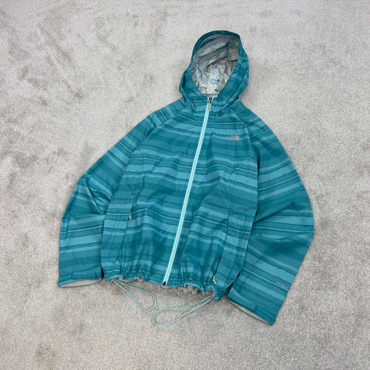 North Face technical jacket XL womens teal blue striped TNF HyVent 2.5L y2k style autumn windbreaker