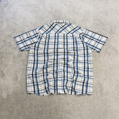 North Face checkered short sleeve shirt white blue TNF festival style button down summer shirt
