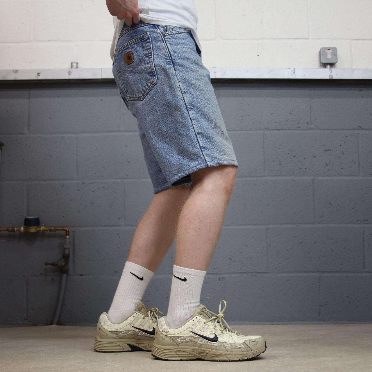 Carhartt denim shorts y2k faded blue Loose fleece lined skater style work jorts