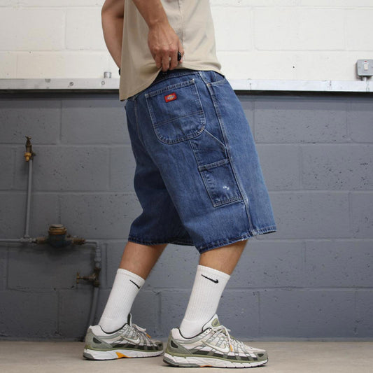 Dickies carpenter shorts loose Mens W42 Blue denim cargo 90s style skater jorts