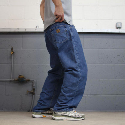 Blue Carhartt jeans W38L30 vintage 90s style skater relaxed fit flannel lined pants