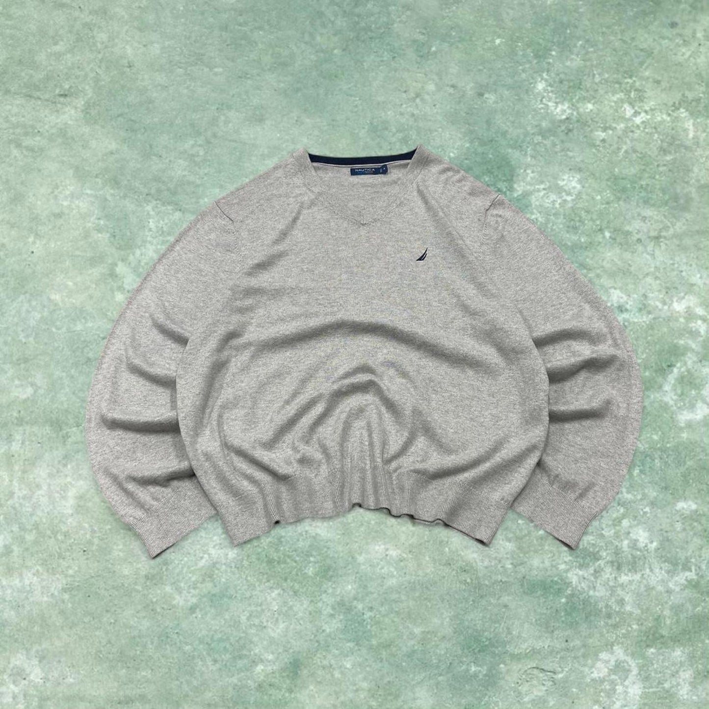 Vintage Y2K Nautica v neck knit sweater jumper grey Embroidered logo knitted pullover