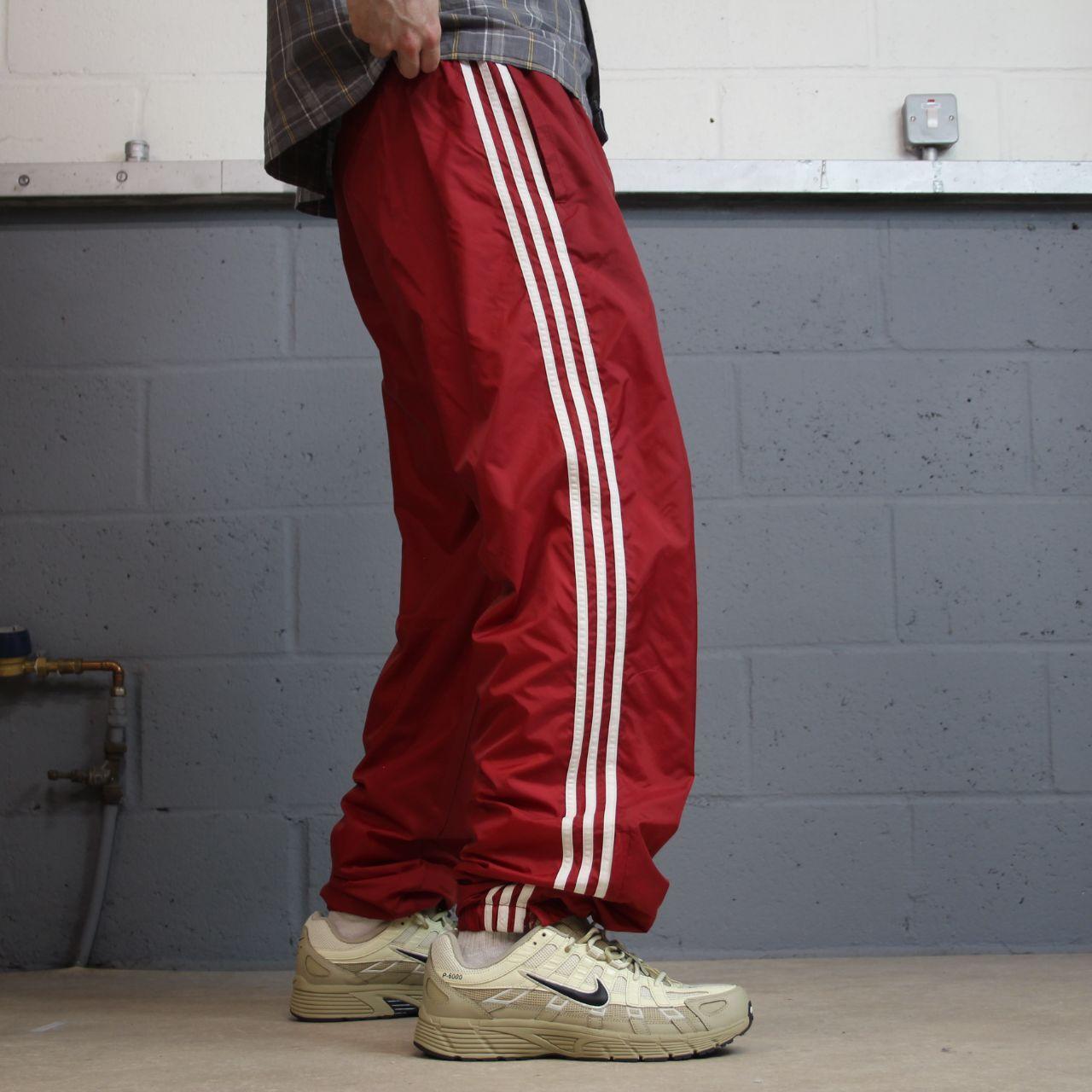 Y2K vintage Adidas tracksuit bottoms red large Loose leg embroidered logo side stripe 2000s style