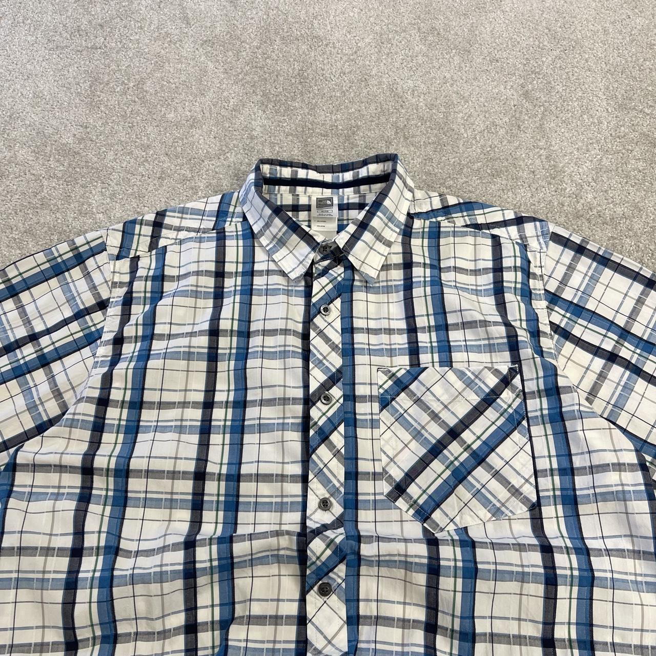 North Face checkered short sleeve shirt white blue TNF festival style button down summer shirt
