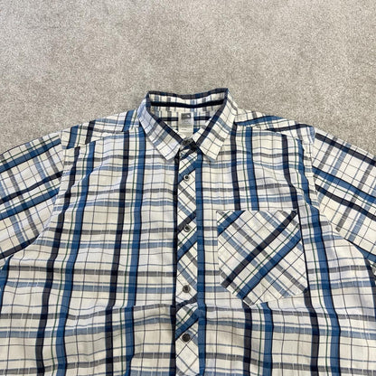 North Face checkered short sleeve shirt white blue TNF festival style button down summer shirt