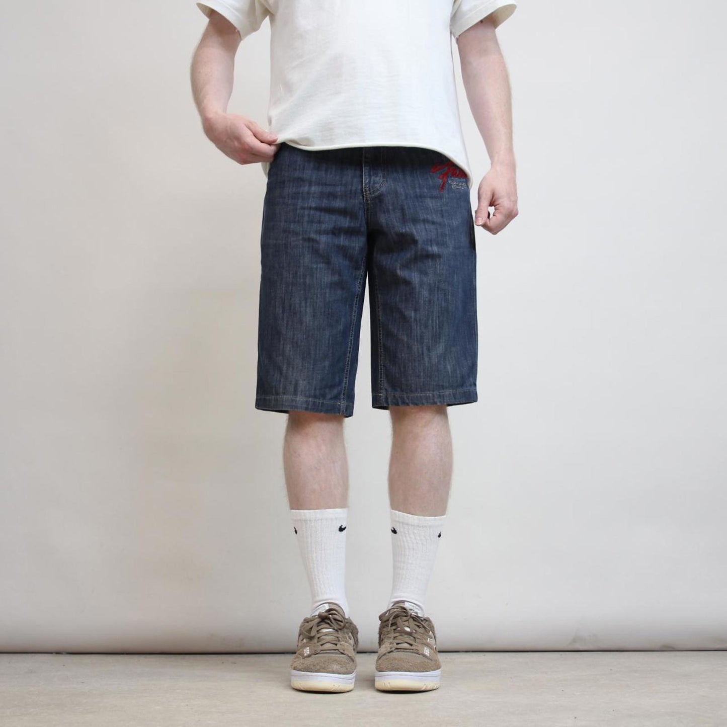 Mens embroidered FUBU denim shorts W30 Y2K print design hip hop jorts