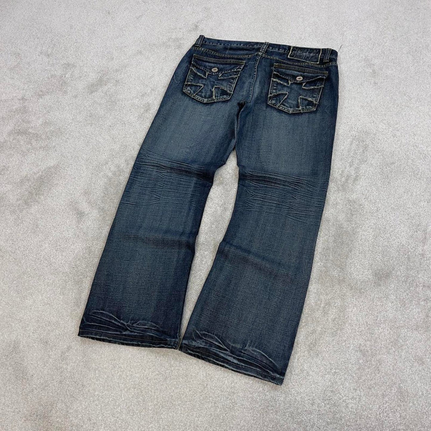 Blue embroidered Helix jeans W36L32 loose y2k 00s style jeans big cross stitch detail slim boot