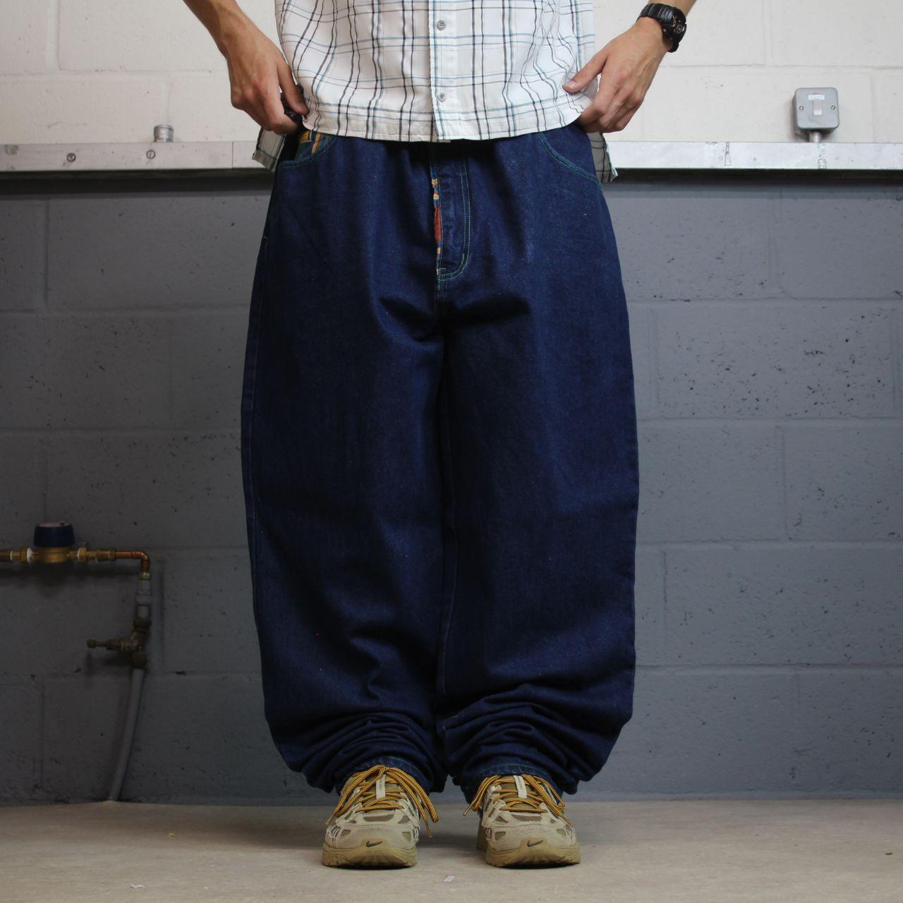 Xtasy extra baggy jeans y2k W44L38 navy blue Wide leg long skater style pants deck chair stripes