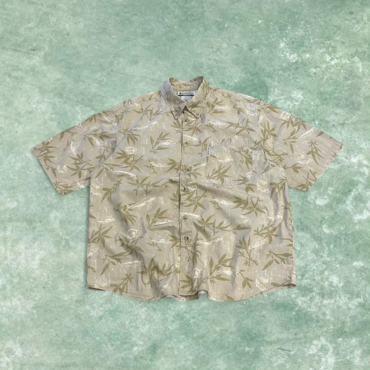 Columbia funky pattern short sleeve Hawaiian shirt khaki Y2K boxy fit fishing festival button shirt