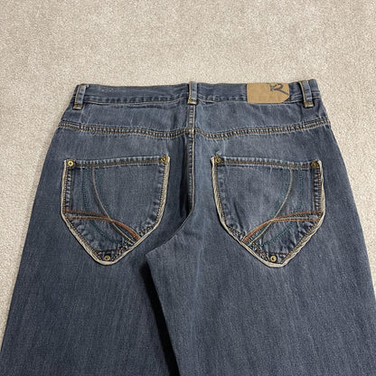 Rocawear embroidered jeans blue denim Y2K W38L32 Rocawear loose surf style pants embroidered design