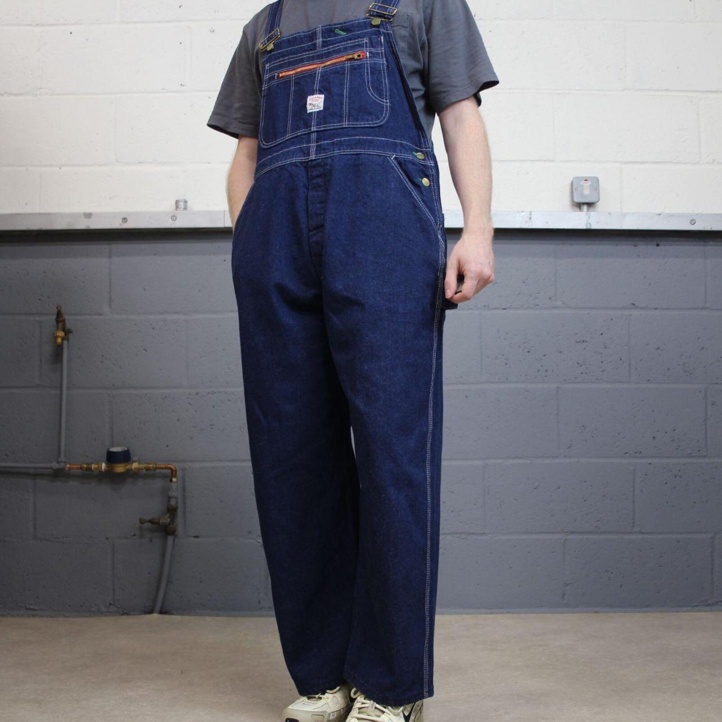 Vintage y2k denim dungarees loose leg blue Pointer workwear bib & brace overalls utility