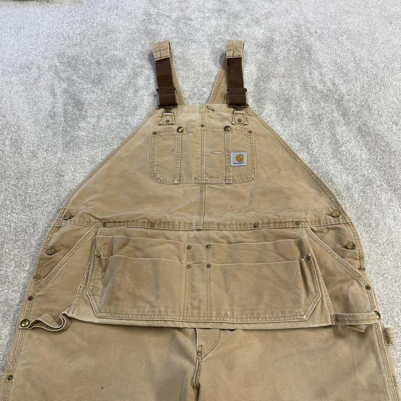 Vintage Carhartt dungarees baggy tan brown overalls Bib & brace utility workwear painter