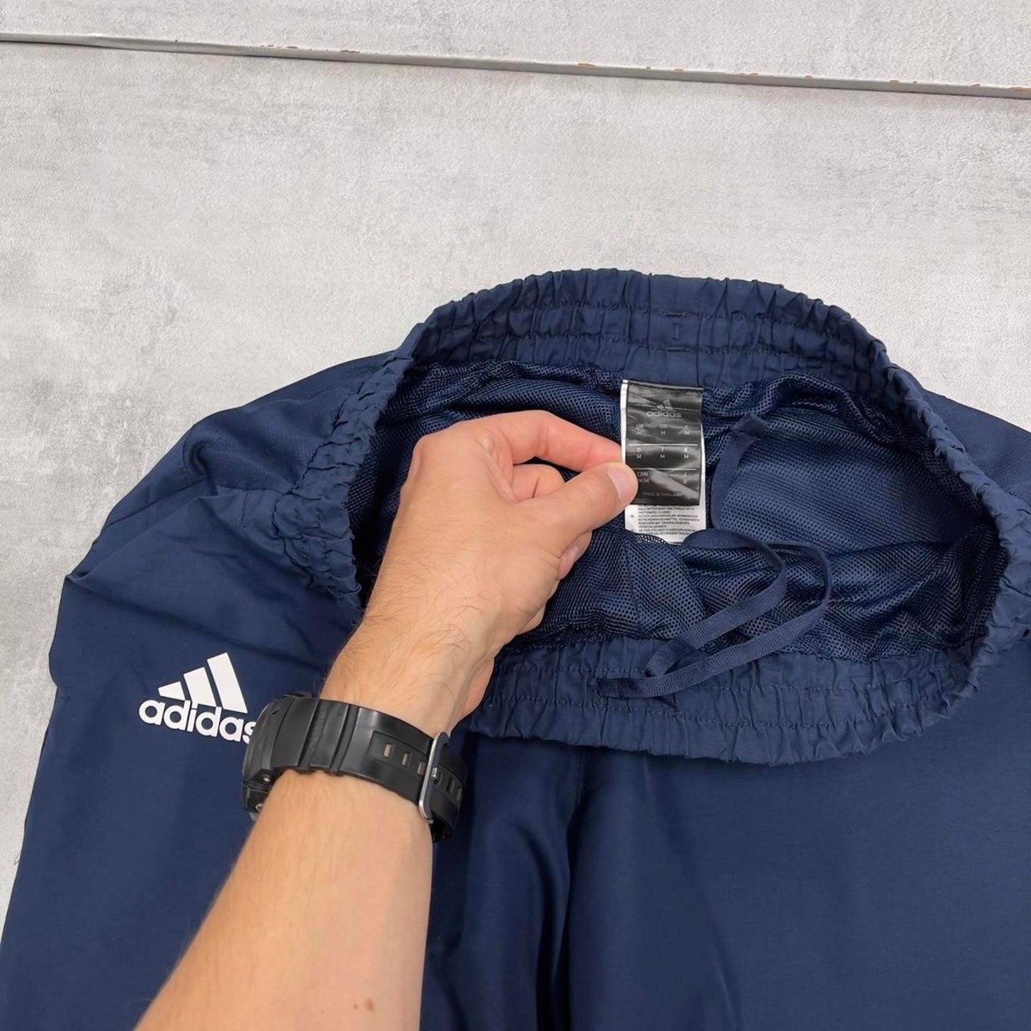 Navy Adidas trackies M y2k style sportswear track pants print logo