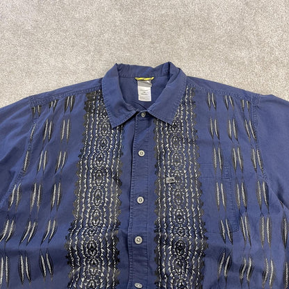North Face funky pattern short sleeve shirt navy TNF boxy surf style summer festival shirt