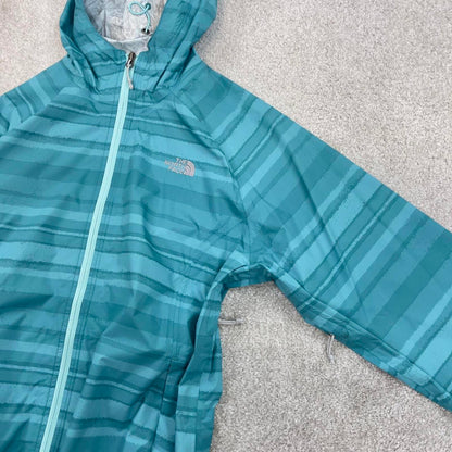 North Face technical jacket XL womens teal blue striped TNF HyVent 2.5L y2k style autumn windbreaker