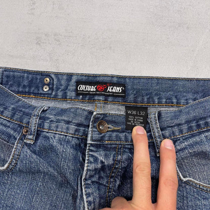 Baggy Blue Culture Jeans W34 L30 wide leg embroidered design 90s style skater jeans