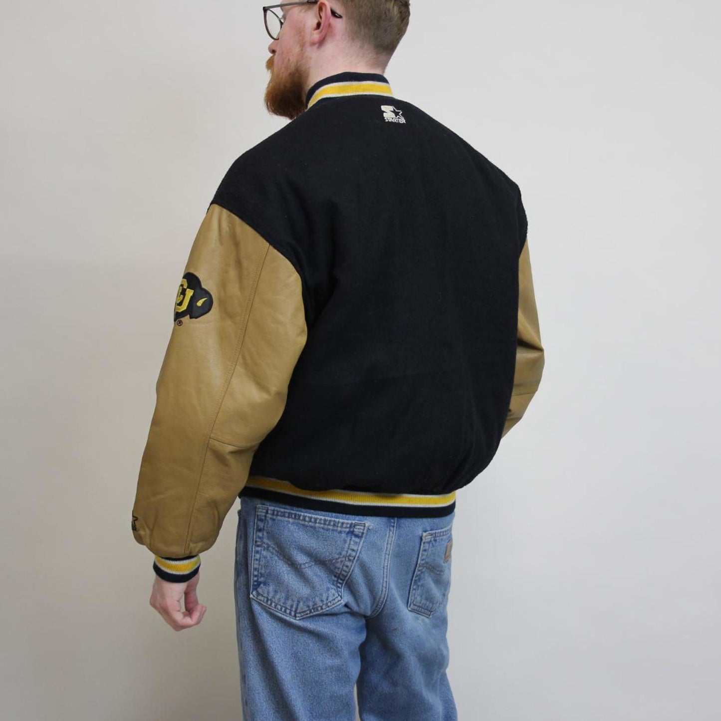 Vintage Starter wool varsity jacket Medium leather black Buffaloes CU Buffs NFL