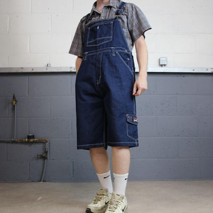 Vintage baggy denim dungaree shorts 00s blue Phat farm detailing and adjustable straps