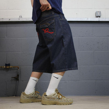 Rocawear baggy denim shorts y2k embroidered navy Long skater surf style jorts