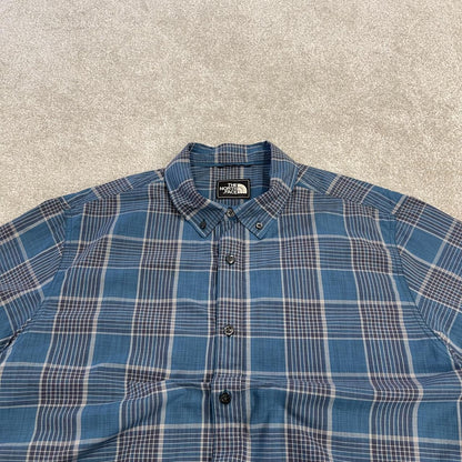 North Face checkered short sleeve shirt blue TNF surf style check shirt style summer festival