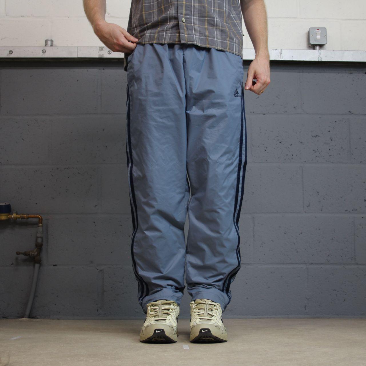 Y2K Adidas tracksuit bottoms grey blue medium side stripe design 2000s style track pants
