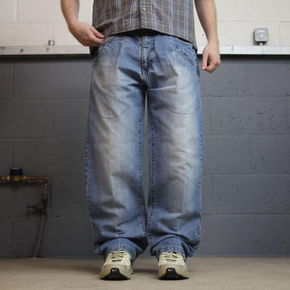 Y2K baggy surf jeans W36L32 blue denim Vintage Don loose 00s style pants embroidered design casual