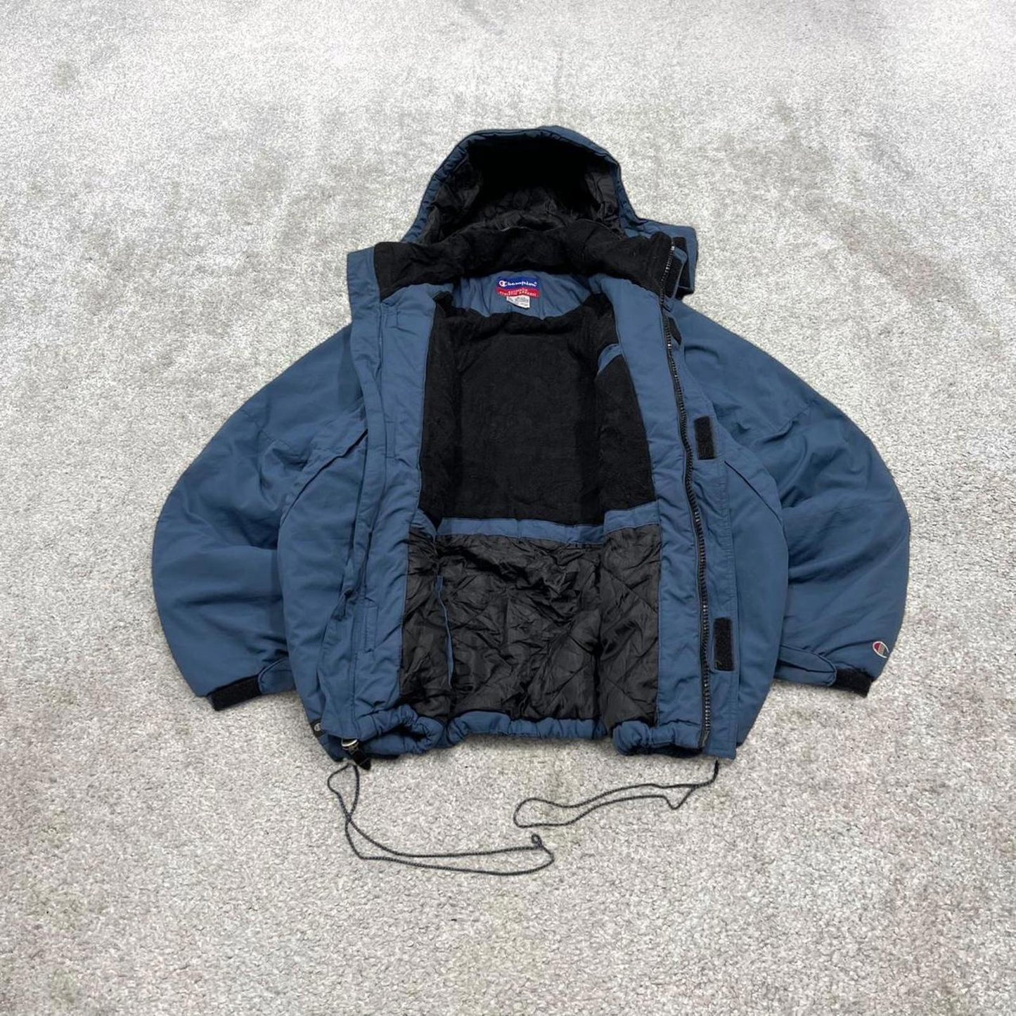 Y2K Champion technical windbreaker jacket blue Padded fleece lined thick embroidered hooded coat