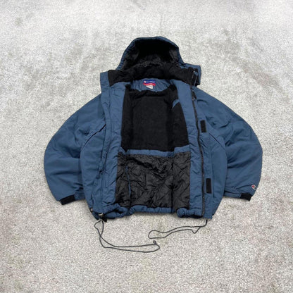 Y2K Champion technical windbreaker jacket blue Padded fleece lined thick embroidered hooded coat