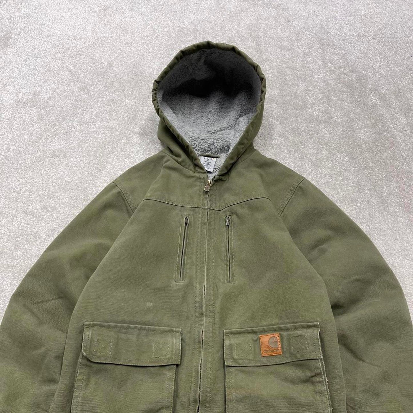 Green Carhartt hooded active jacket S 8/10 canvas 90s style skater bomber