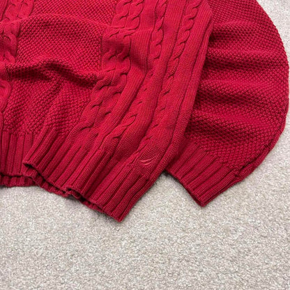 00s Nautica cable knit sweater jumper embroidered XL men's red knitted pull over y2k 90s style
