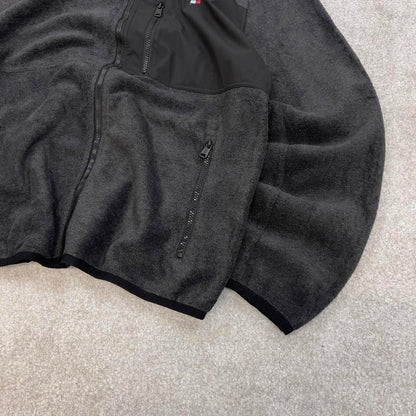 Grey Tommy Hilfiger technical fleece jacket Large y2k style hooded full zip embroidered logo hoodie