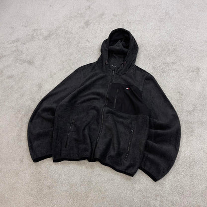 Grey Tommy Hilfiger technical fleece jacket Large y2k style hooded full zip embroidered logo hoodie