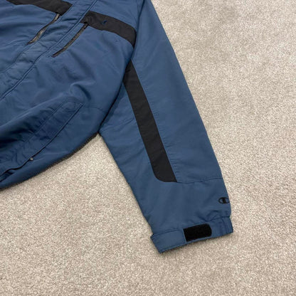 Y2K Champion technical windbreaker jacket blue Zip pockets adjustable waist embroidered hooded coat
