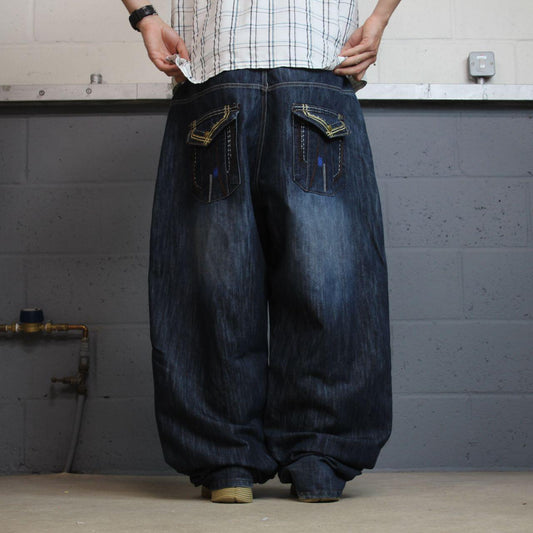 Extra baggy embroidered jeans y2k W48L33 blue Indigo 30 wide leg skater pants, embroidered design