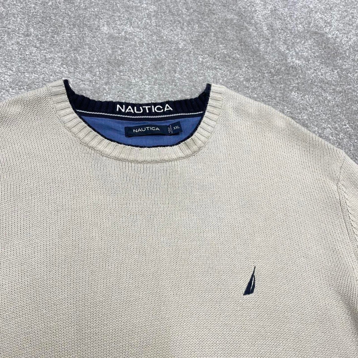 00s Nautica knit sweater jumper embroidered XXL men's beige heavy knitted pull over y2k 00s style