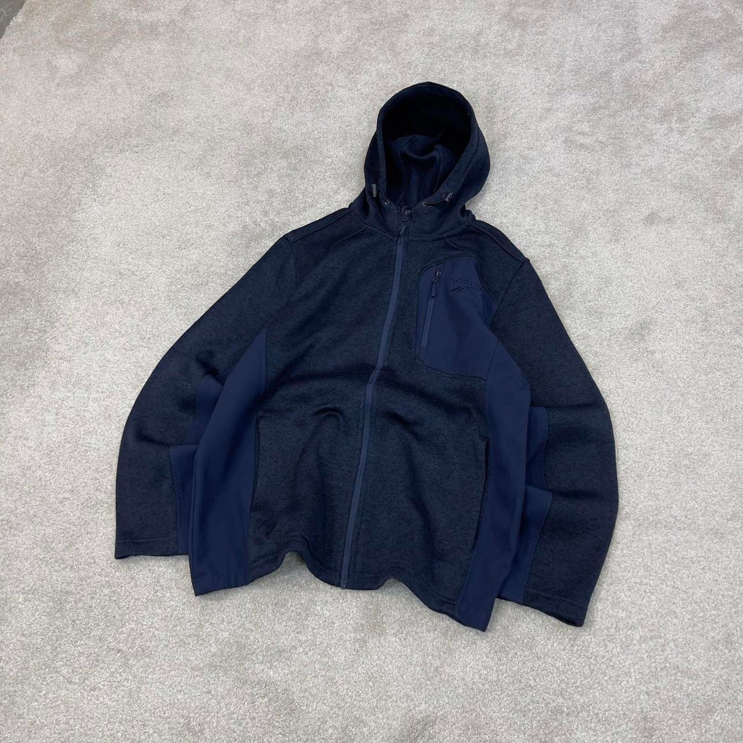 Navy Reebok technical fleece Large y2k style hooded full zip embroidered logo hoodie