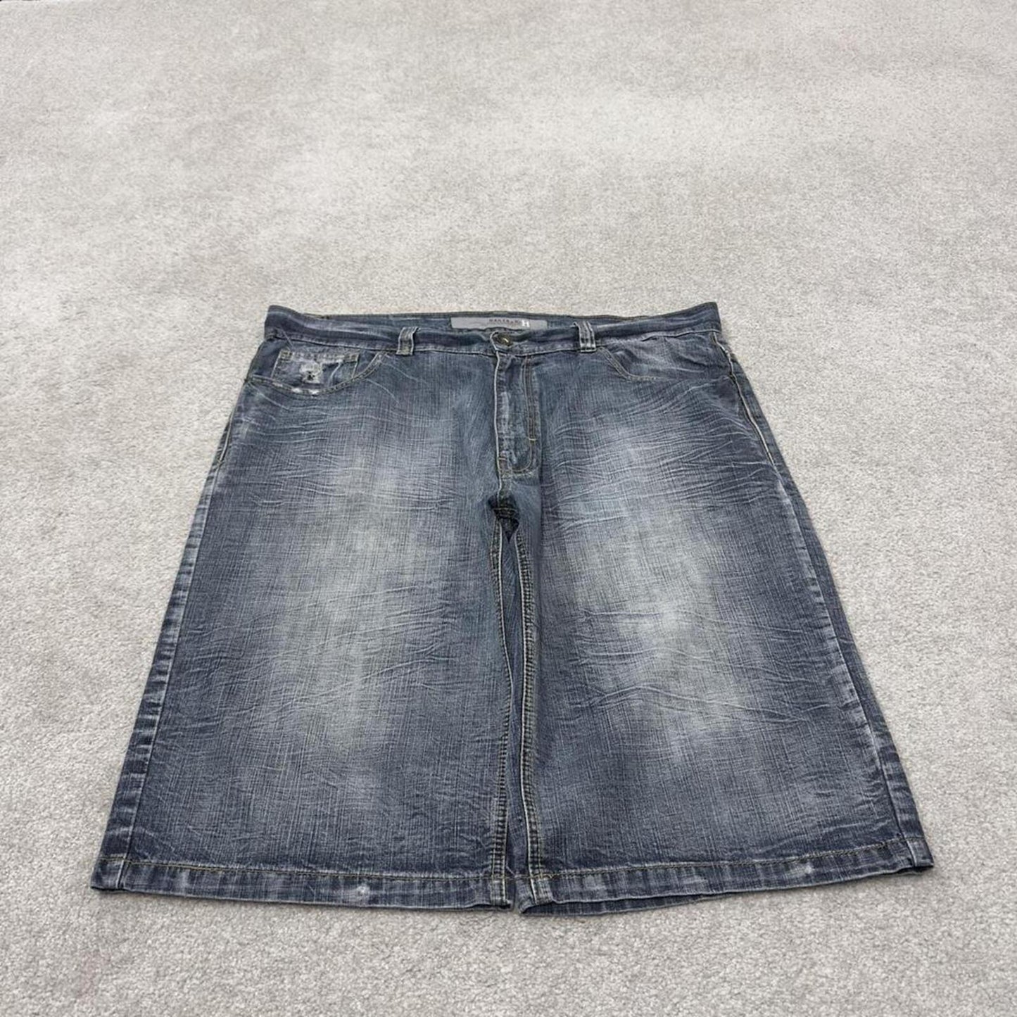 Baggy Y2K embroidered shorts long leg blue Halifax skater style brand surf jorts