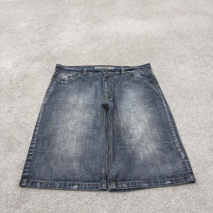 Baggy Y2K embroidered shorts long leg blue Halifax skater style brand surf jorts