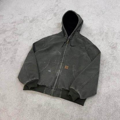Vintage Green Carhartt hooded active jacket 2XL canvas 90s style skater bomber J25 MOS