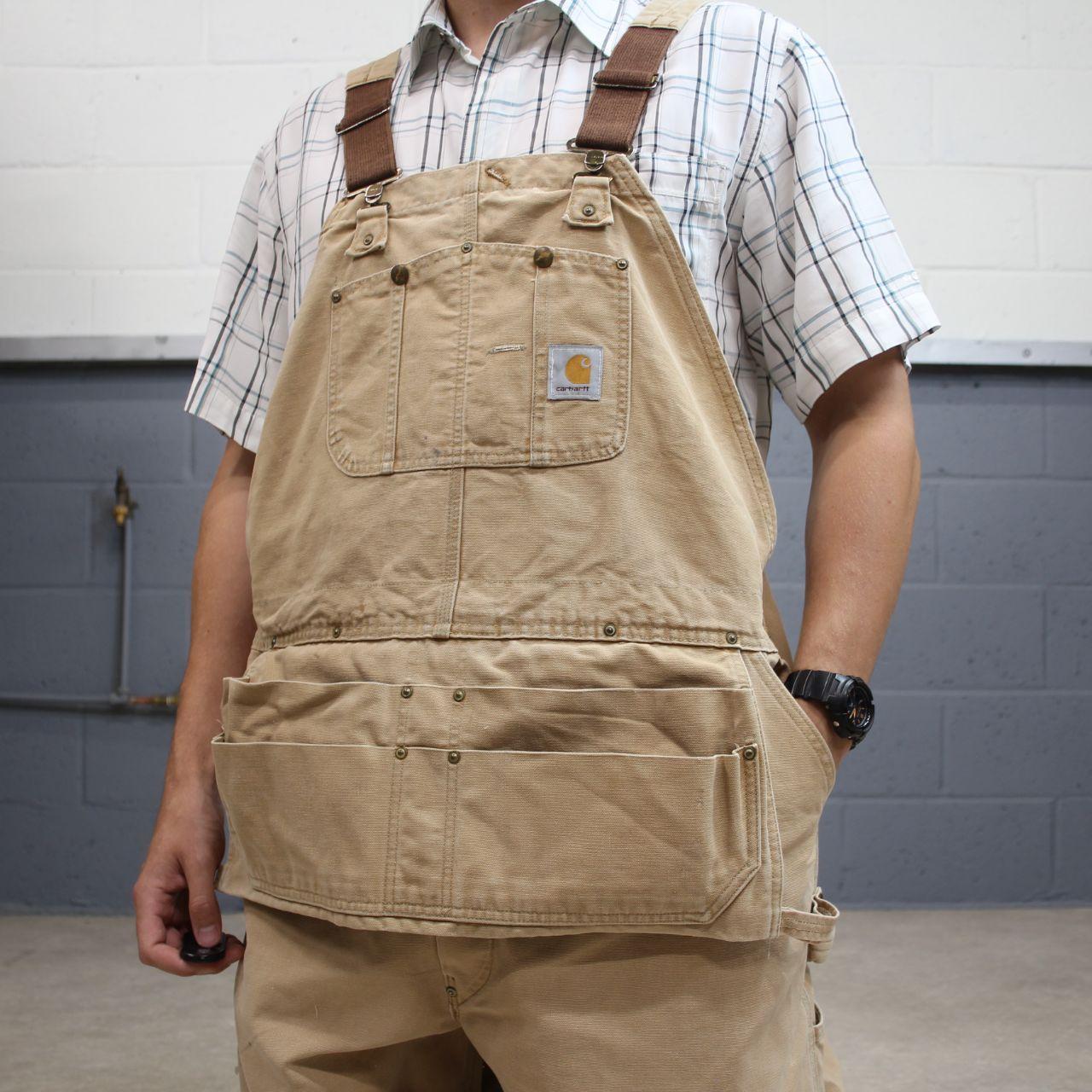 Vintage Carhartt dungarees baggy tan brown overalls Bib & brace utility workwear painter
