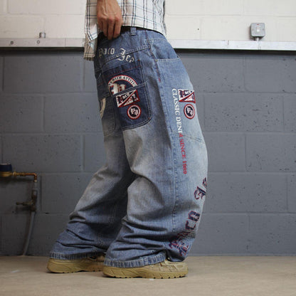 PACO extra baggy embroidered jeans y2k blue patchwork denim wide leg fit embroidered & printed