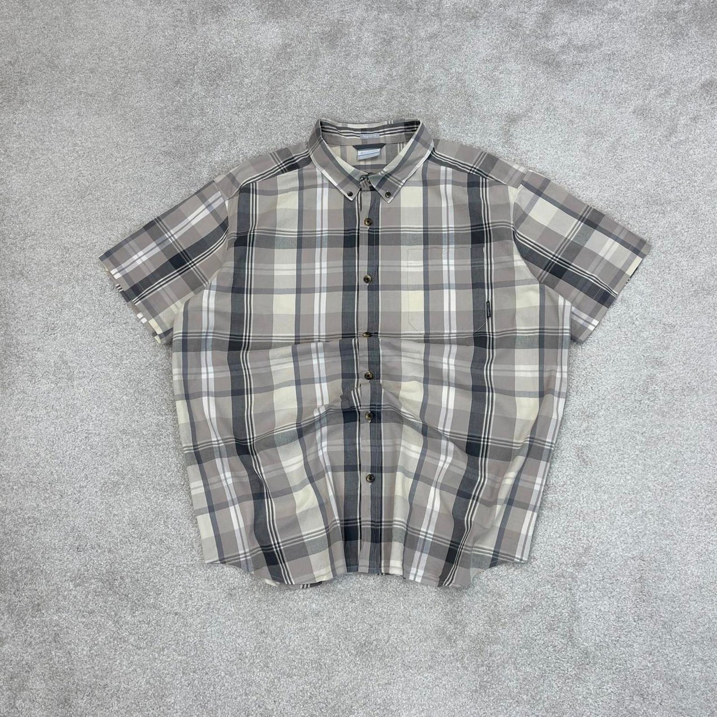 Beige checkered Columbia technical shirt XL men's short sleeve button up autumn y2k style