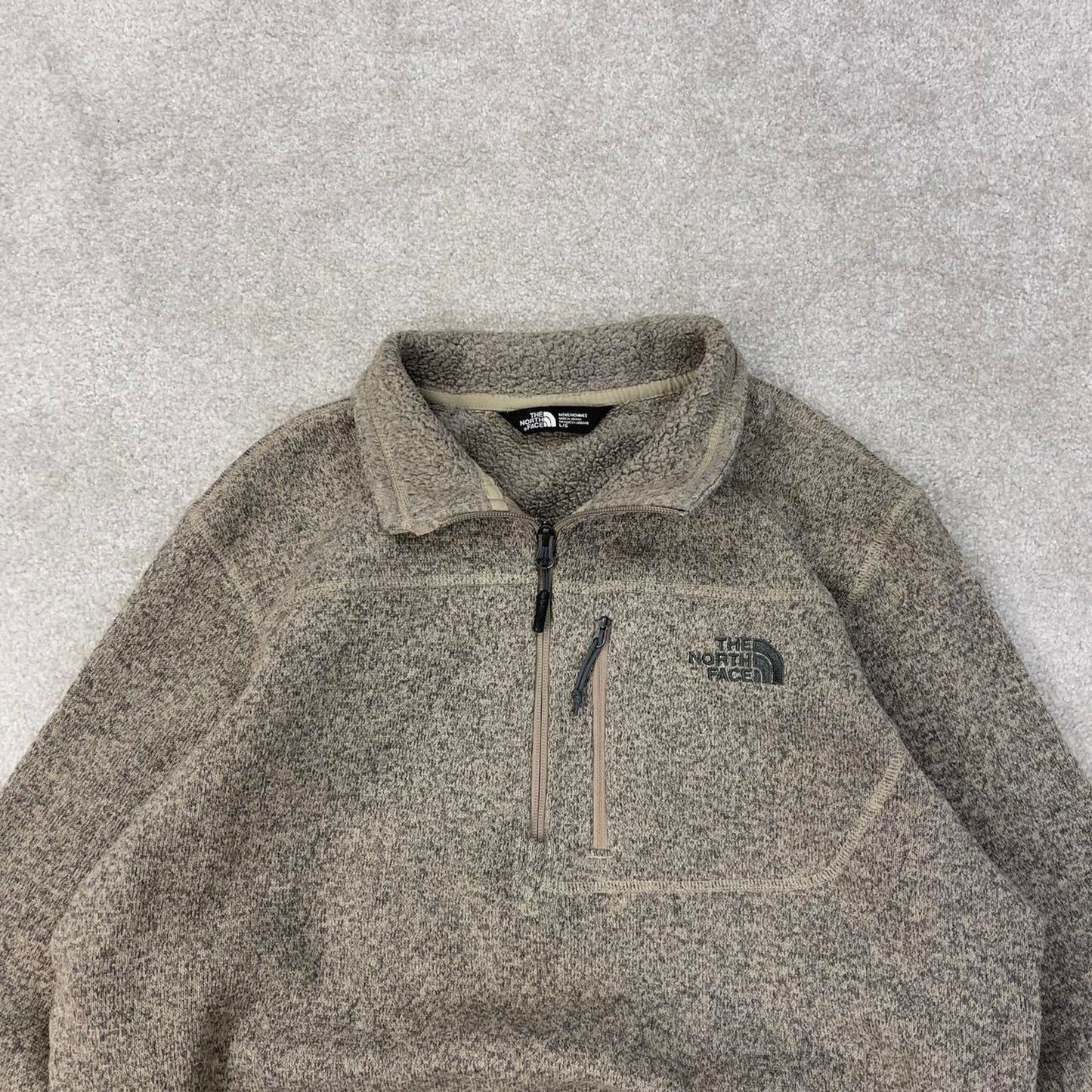 Beige North Face 1/4 zip fleece pullover Large y2k style autumn thick fall embroidered TNF