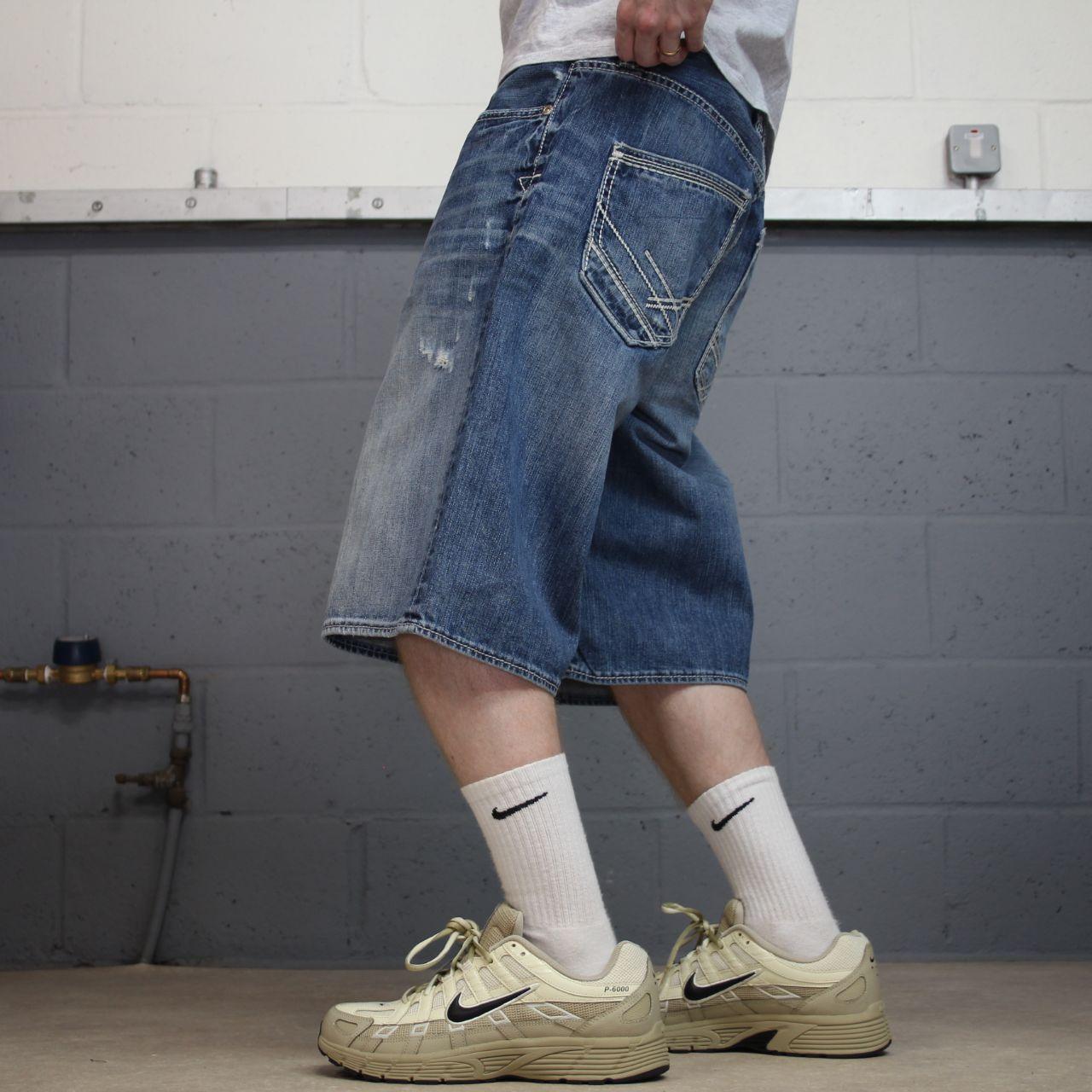 BKE baggy denim shorts y2k white stitch blue Surf summer style jorts perfect for festival