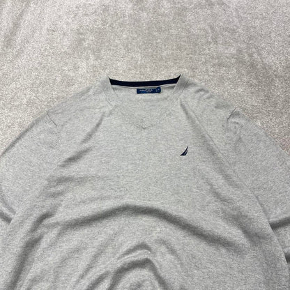 Vintage Y2K Nautica v neck knit sweater jumper grey Embroidered logo knitted pullover