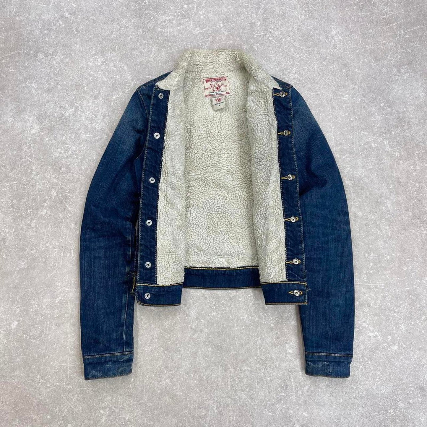 Y2k True Religion denim jacket Small Emily sherpa lined 00s cropped style coat stitch detailing