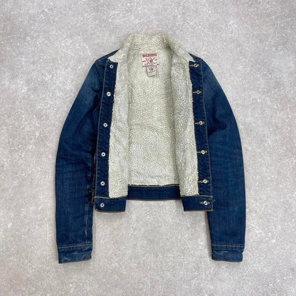 Y2k True Religion denim jacket Small Emily sherpa lined 00s cropped style coat stitch detailing