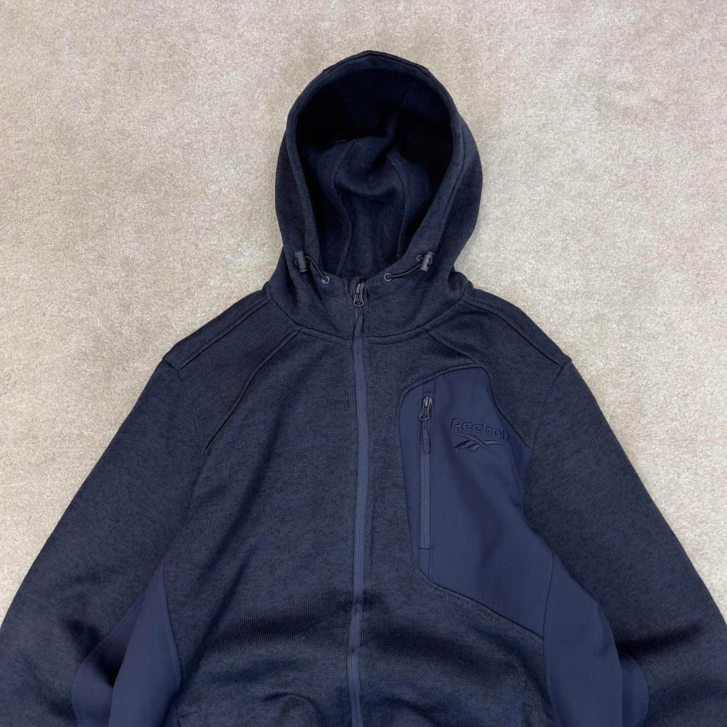 Navy Reebok technical fleece Large y2k style hooded full zip embroidered logo hoodie